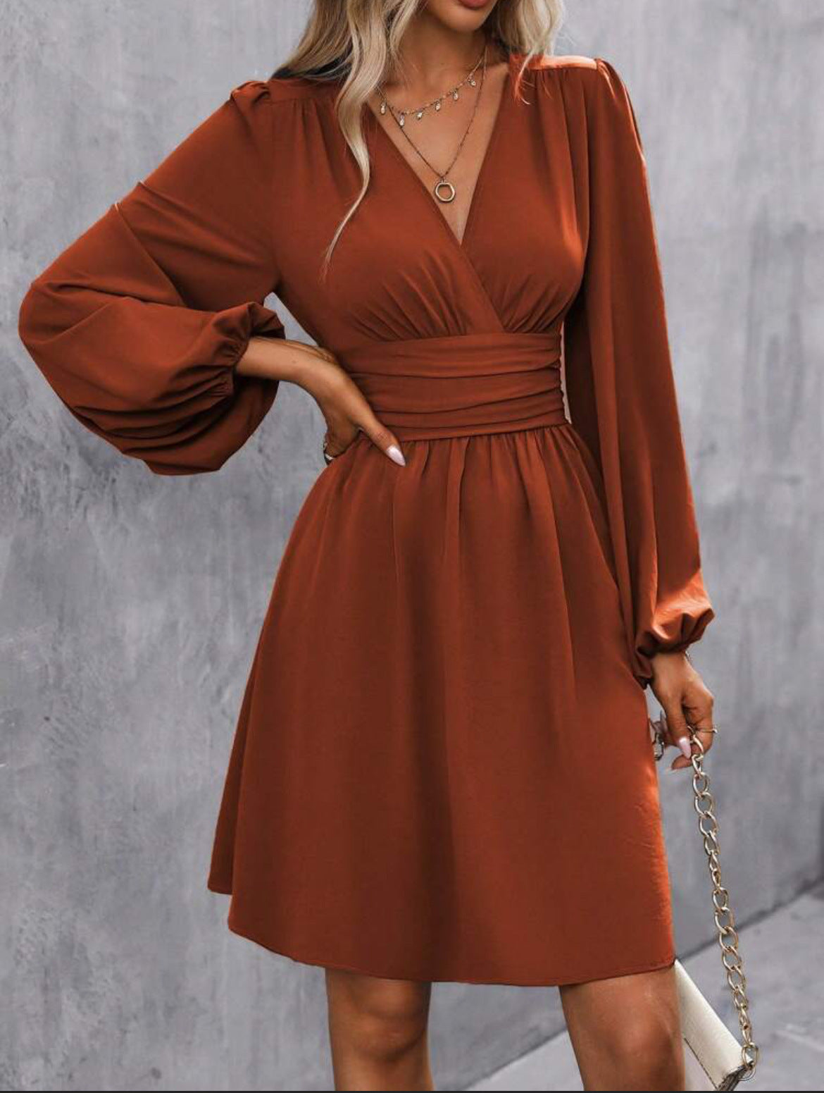 V-Neck Puff Sleeve A-Line Dress