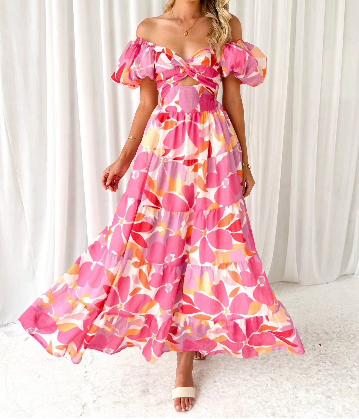 Women Printed Puff Sleeve Maxi Dress