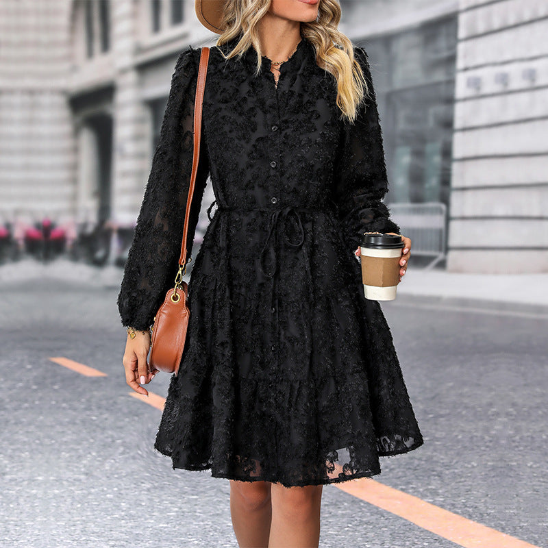 Lace Floral Button-Down Dress with Tie Waist