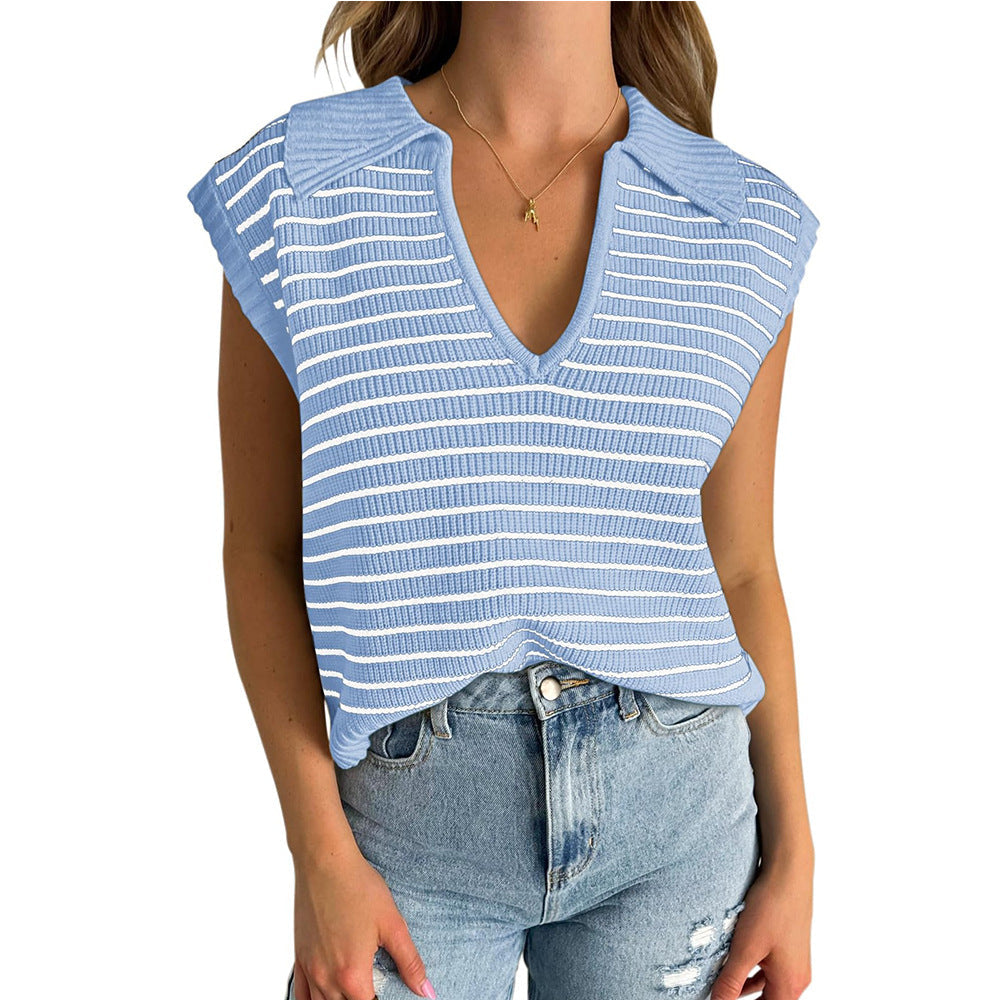 Striped V Neck Collared Knit Top