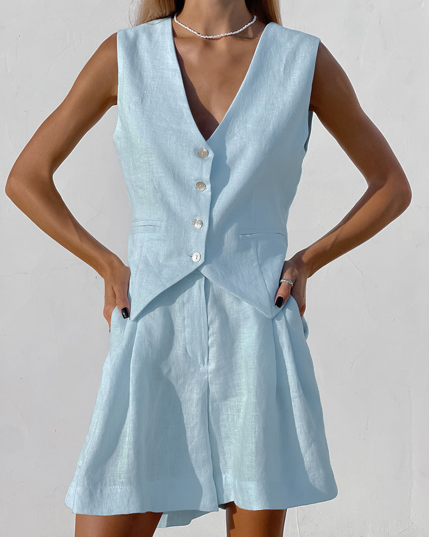 Cotton Linen Vest and Shorts Two Piece Set Women
