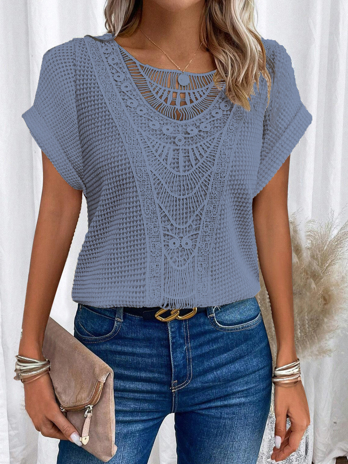 Floral Lace Trim V-neck Short Sleeve Blouse