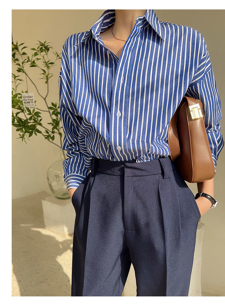 Relaxed Blue Striped Long Sleeve Shirt