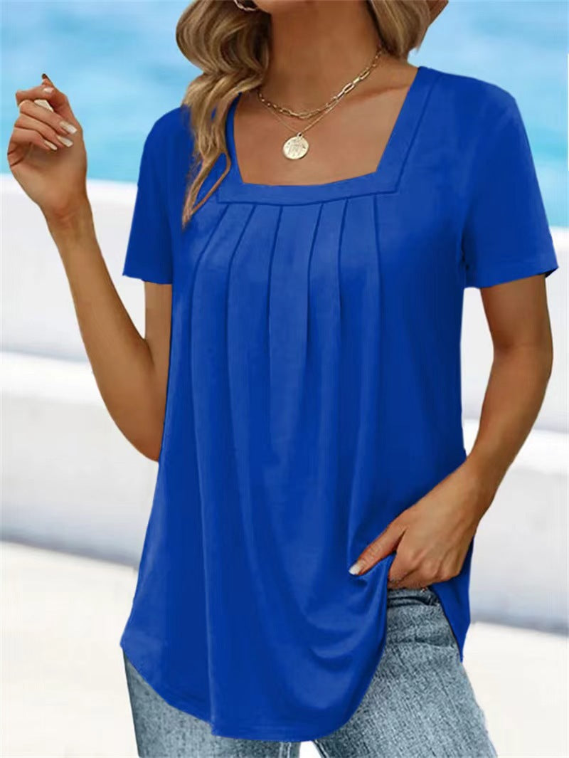 Square Neck Pleated Short Sleeve T-shirt