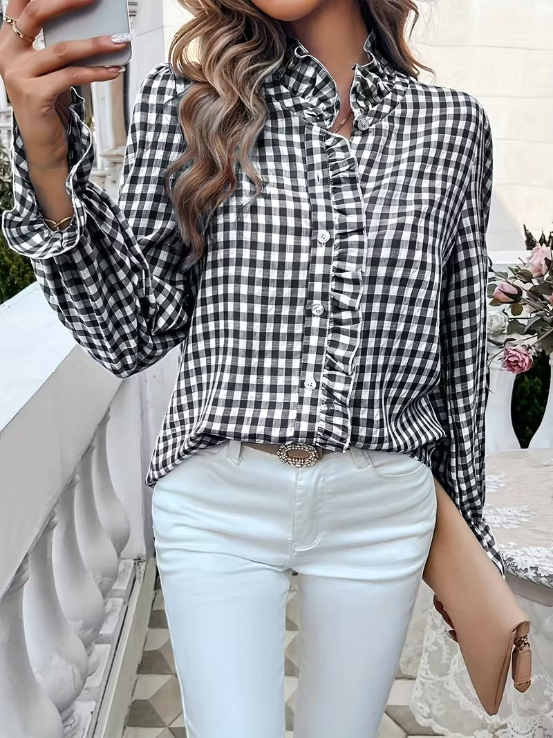 Ruffle Collar Plaid Long Sleeve Shirt