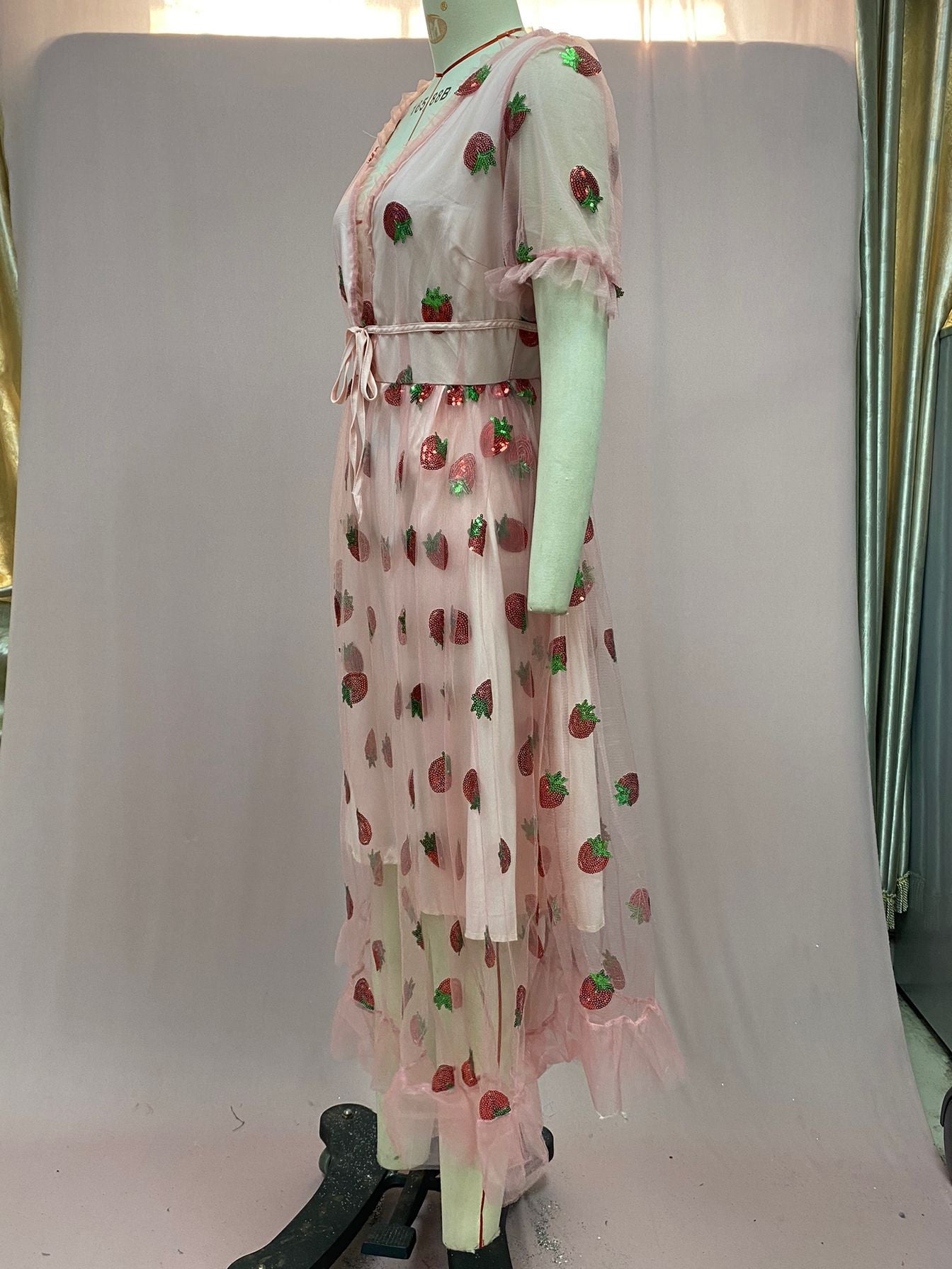 French Style Sequin Tulle Ruched Maxi Dress