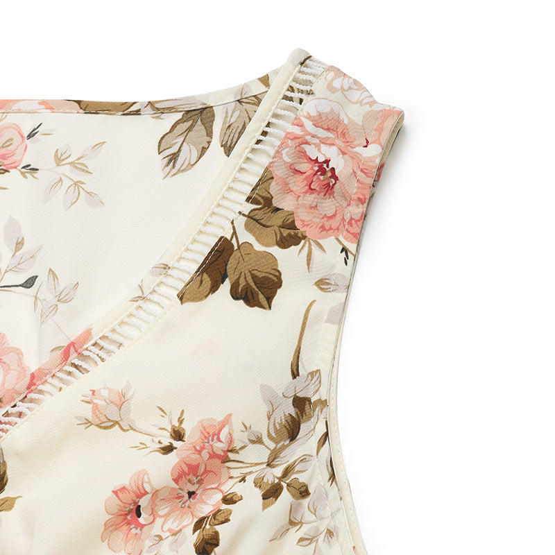 Women Floral Print Lace Patchwork Dress