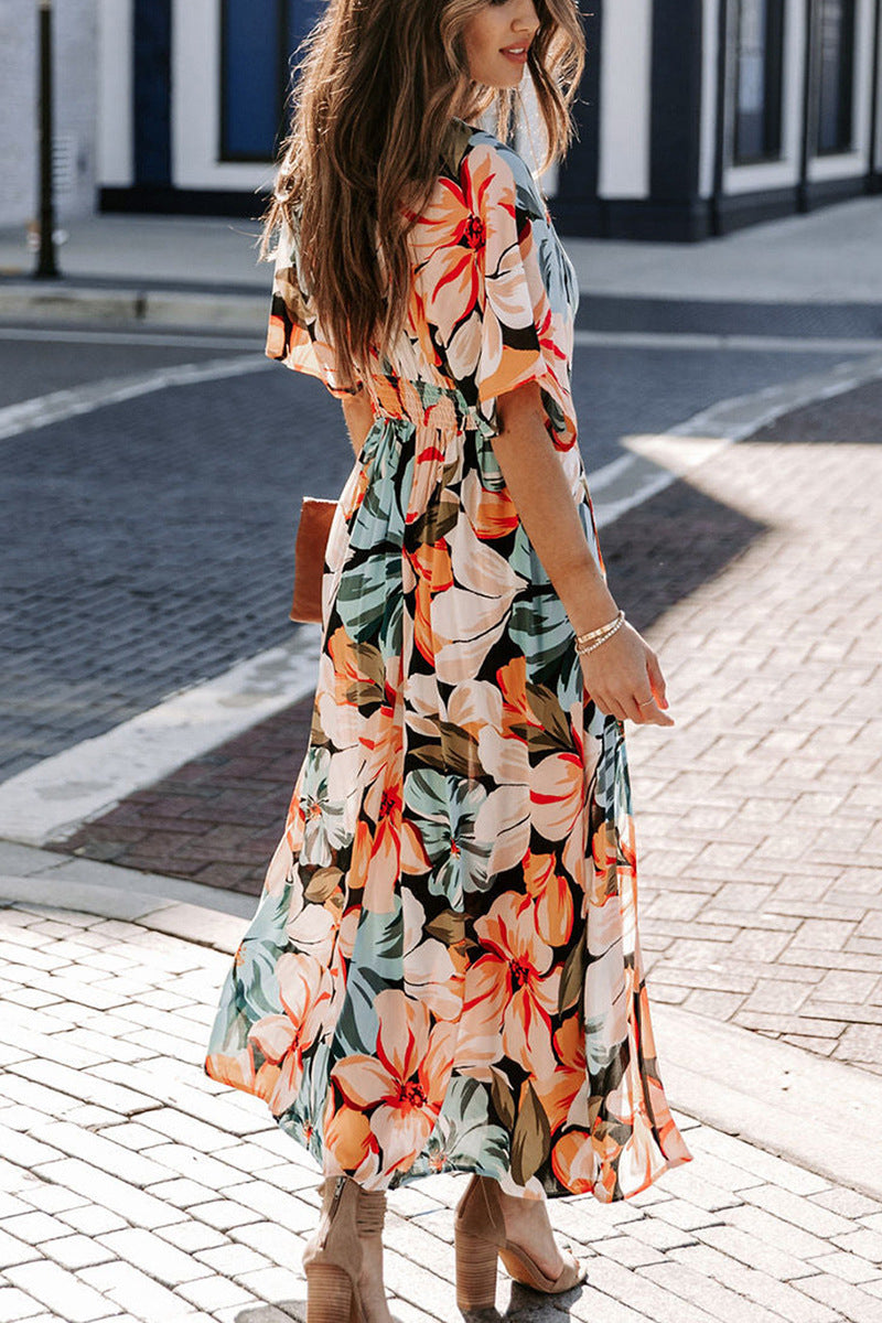 High Waist Printed Slit Maxi Dress