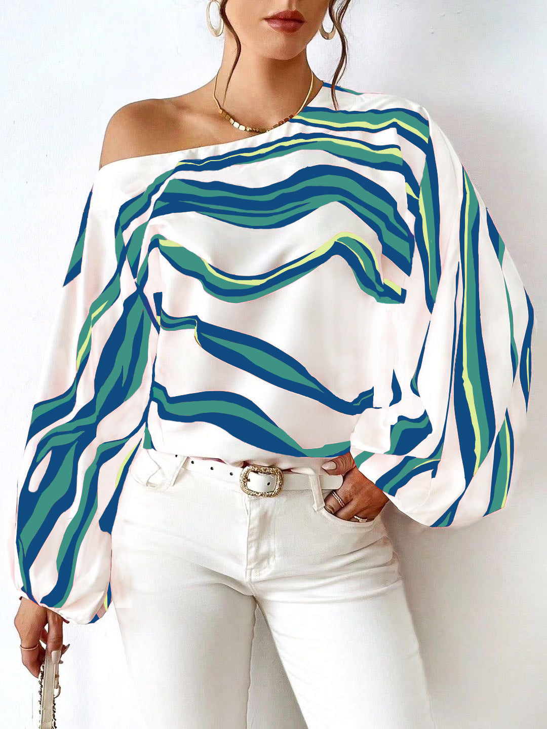 Off Shoulder Printed Loose Fit Shirt T-Shirt for Women
