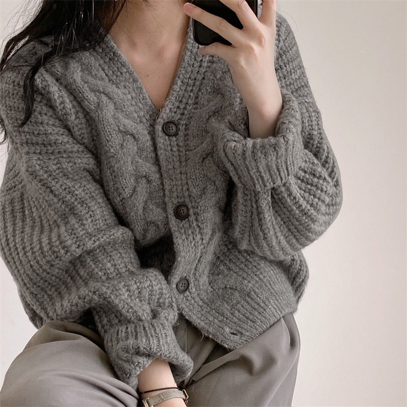 Relaxed V-Neck Puff Sleeve Knit Cardigan