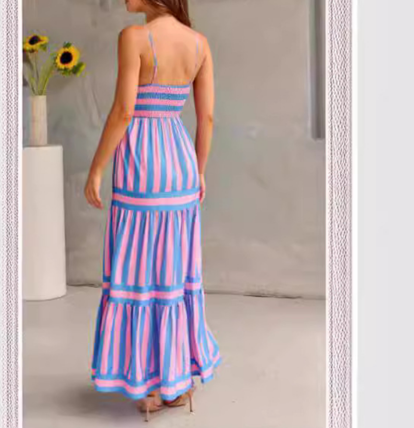 Striped Burnout Bustier Maxi Dress with Adjustable Straps