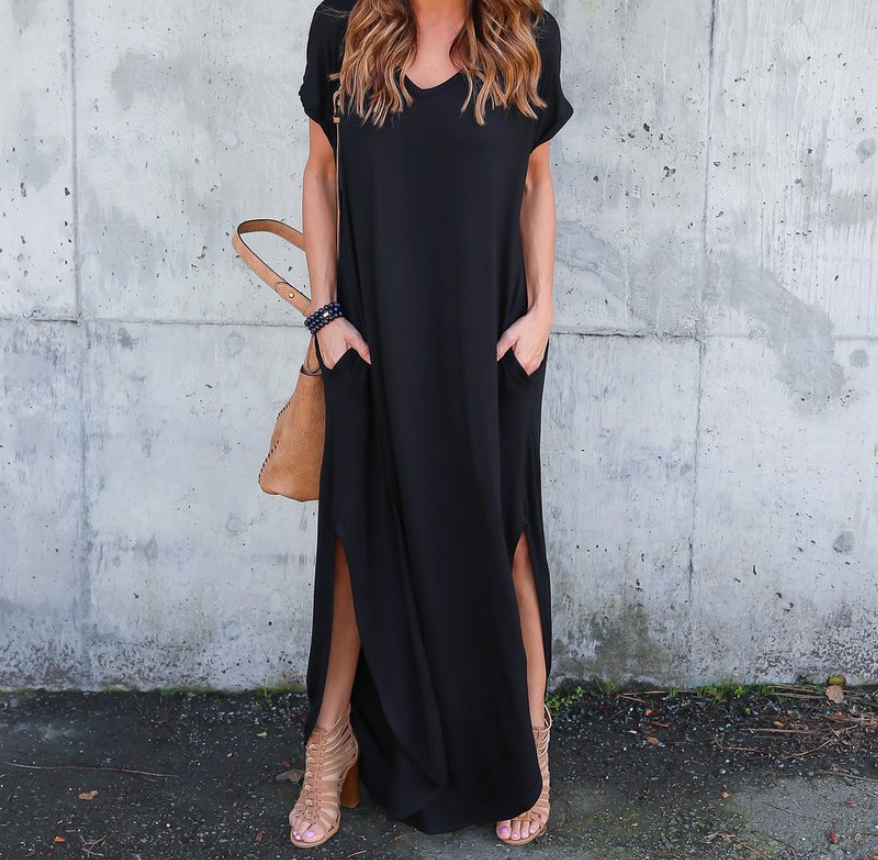 V-Neck Pocket Slit Midi Dress