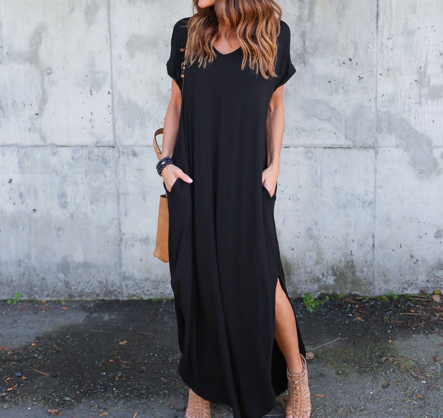 V-Neck Pocket Slit Midi Dress
