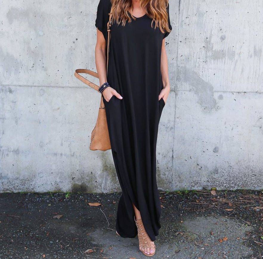 V-Neck Pocket Slit Midi Dress