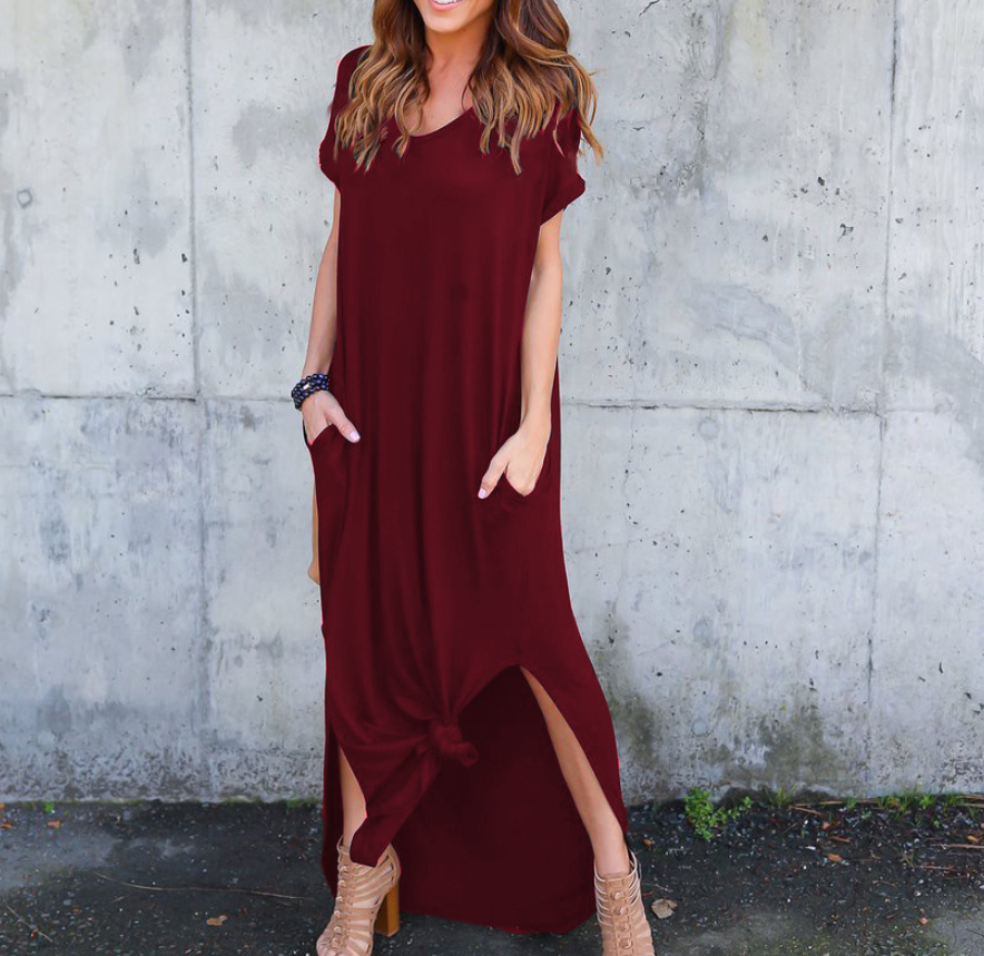 V-Neck Pocket Slit Midi Dress