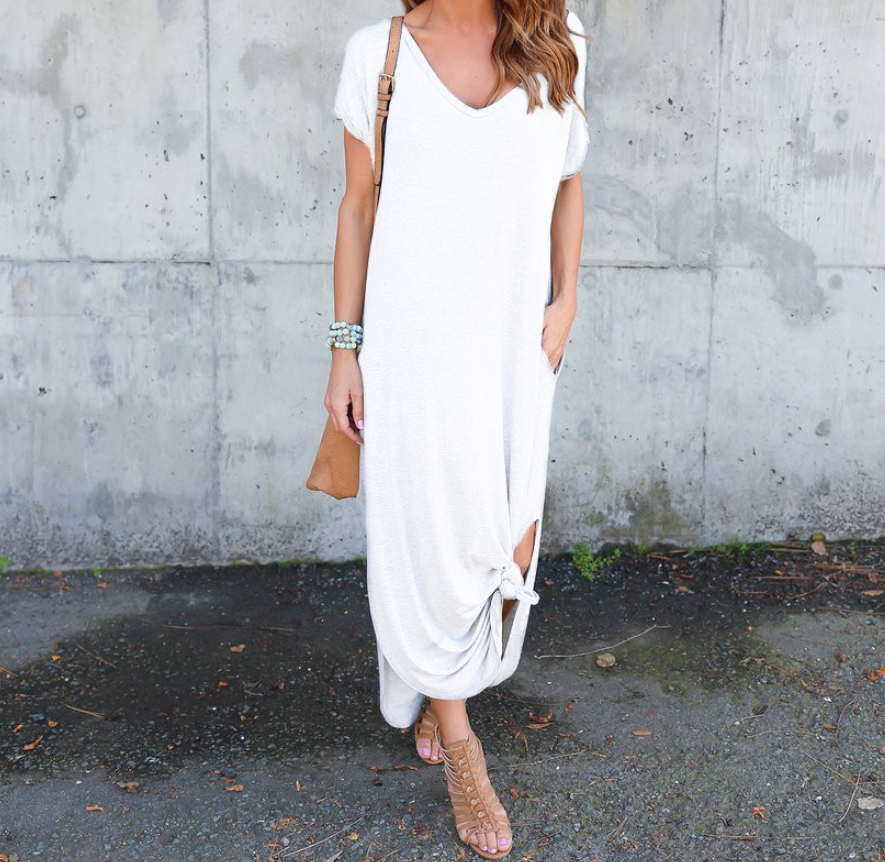 V-Neck Pocket Slit Midi Dress