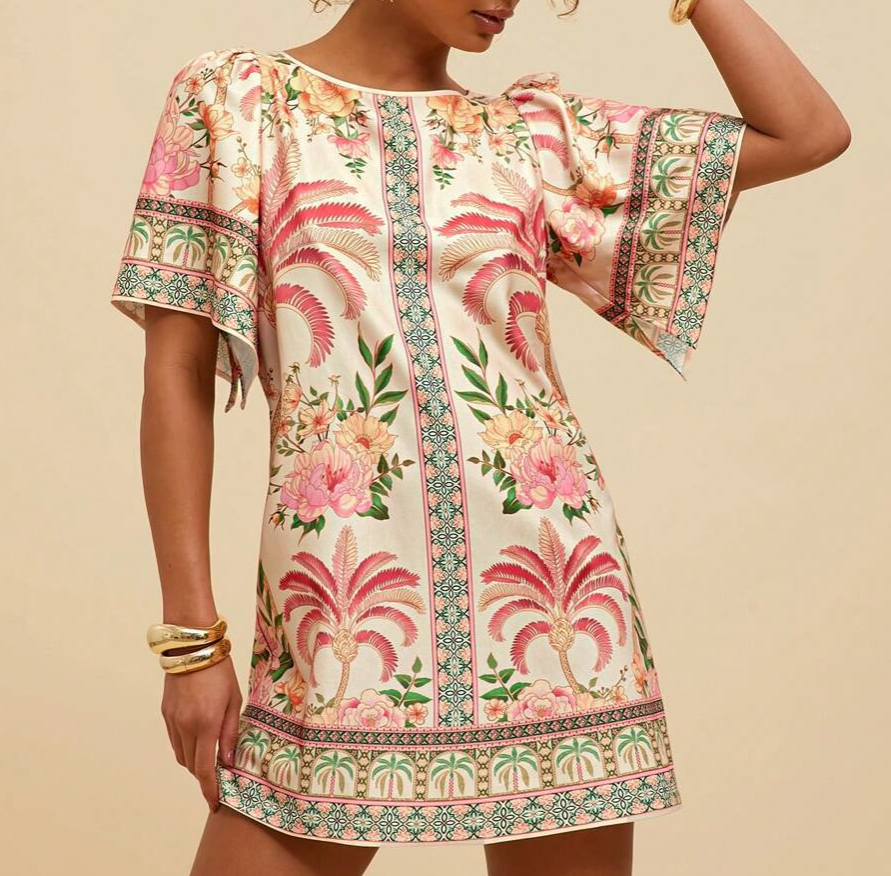 Vintage Round Neck Flared Sleeve Printed Dress