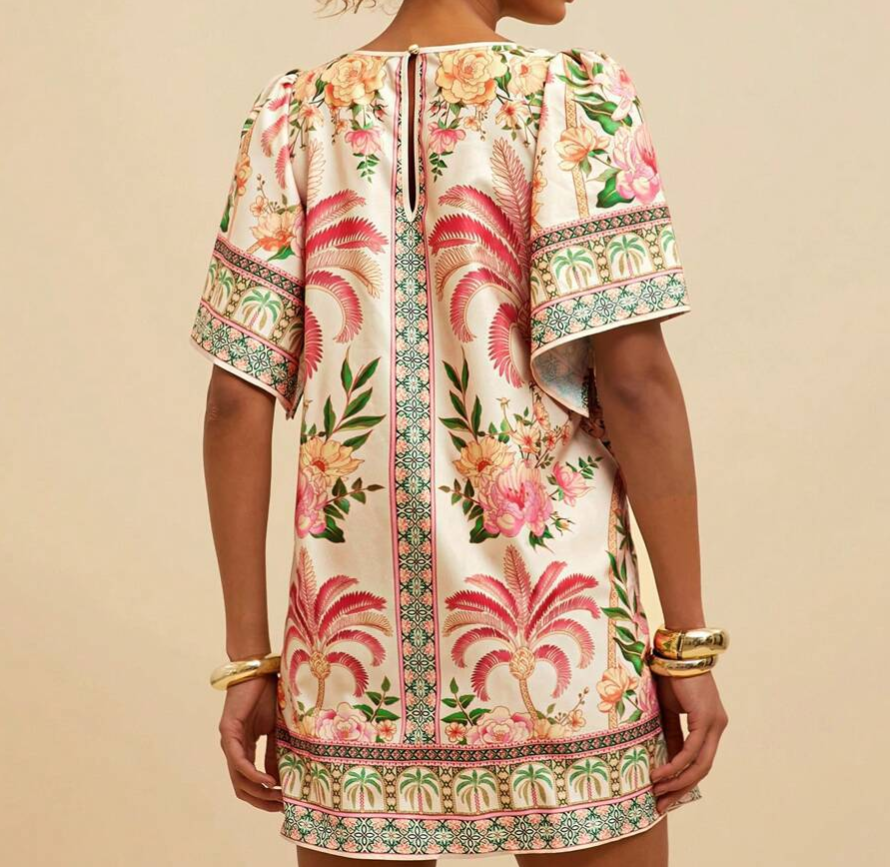 Vintage Round Neck Flared Sleeve Printed Dress