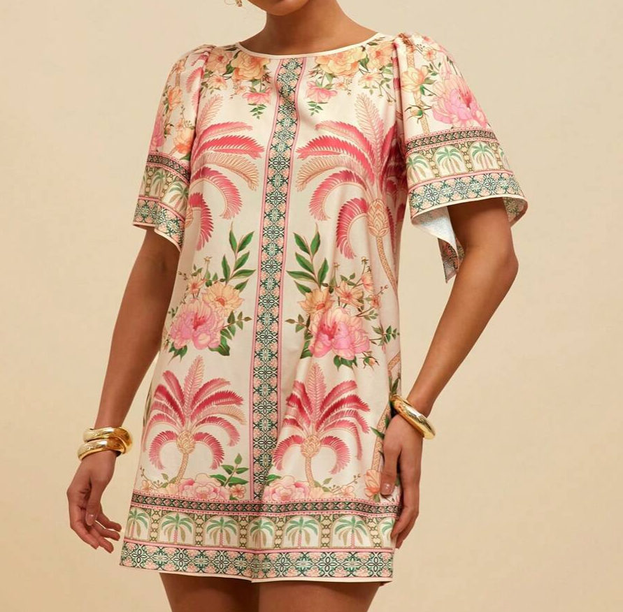 Vintage Round Neck Flared Sleeve Printed Dress