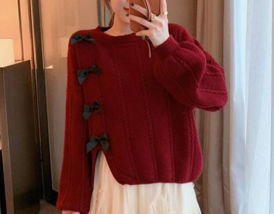 Bow Detail Split Knit Pullover Sweater