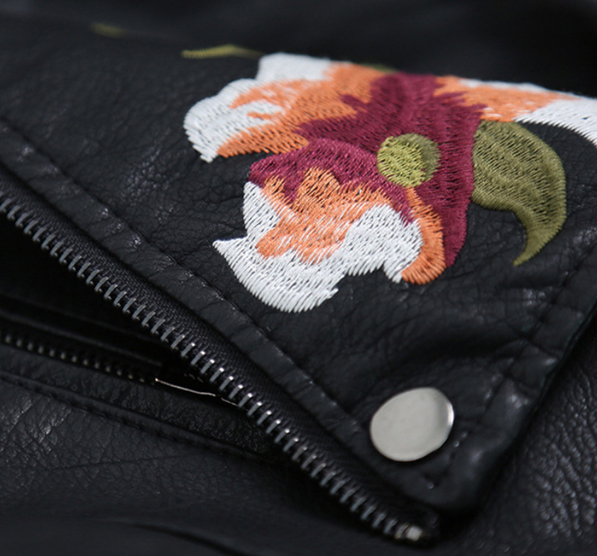 Embroidered Studded PU Leather Cropped Jacket