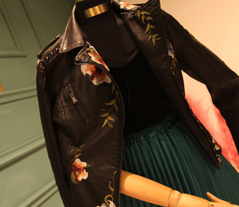 Embroidered Studded PU Leather Cropped Jacket