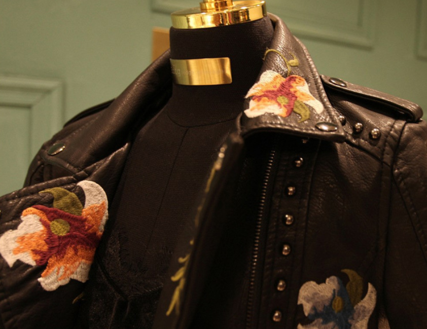 Embroidered Studded PU Leather Cropped Jacket