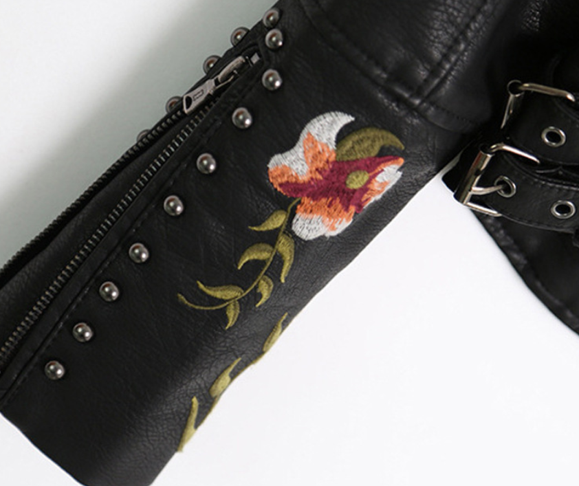Embroidered Studded PU Leather Cropped Jacket