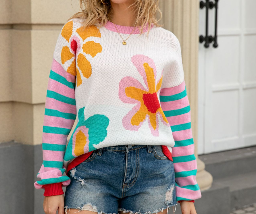 Women Striped Floral Knit Sweater