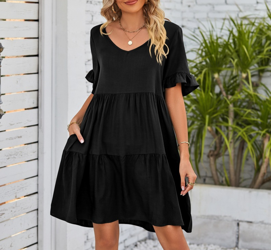 V Neck Tiered Ruffle Casual Dress