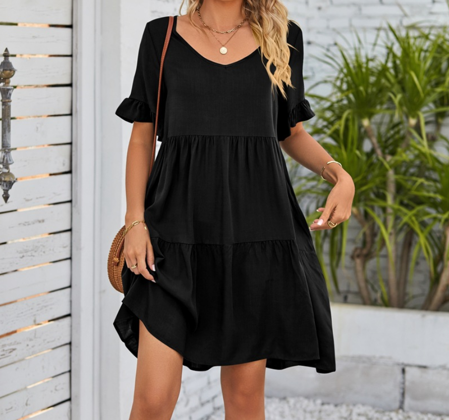 V Neck Tiered Ruffle Casual Dress