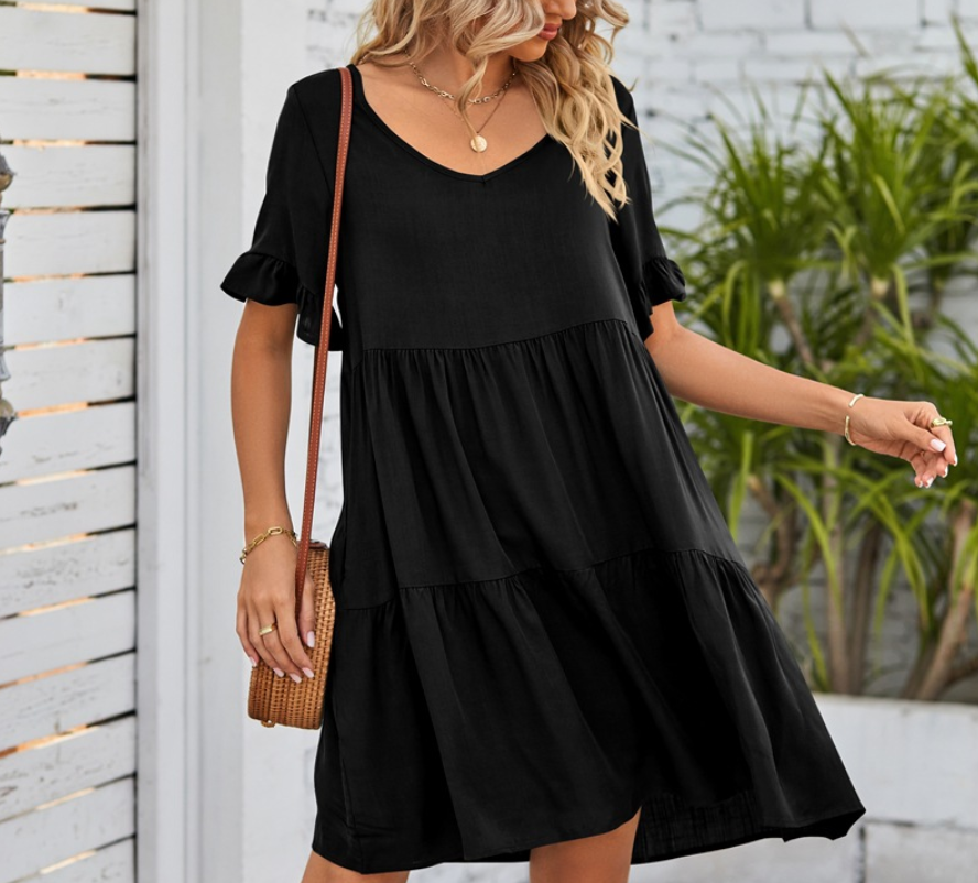 V Neck Tiered Ruffle Casual Dress