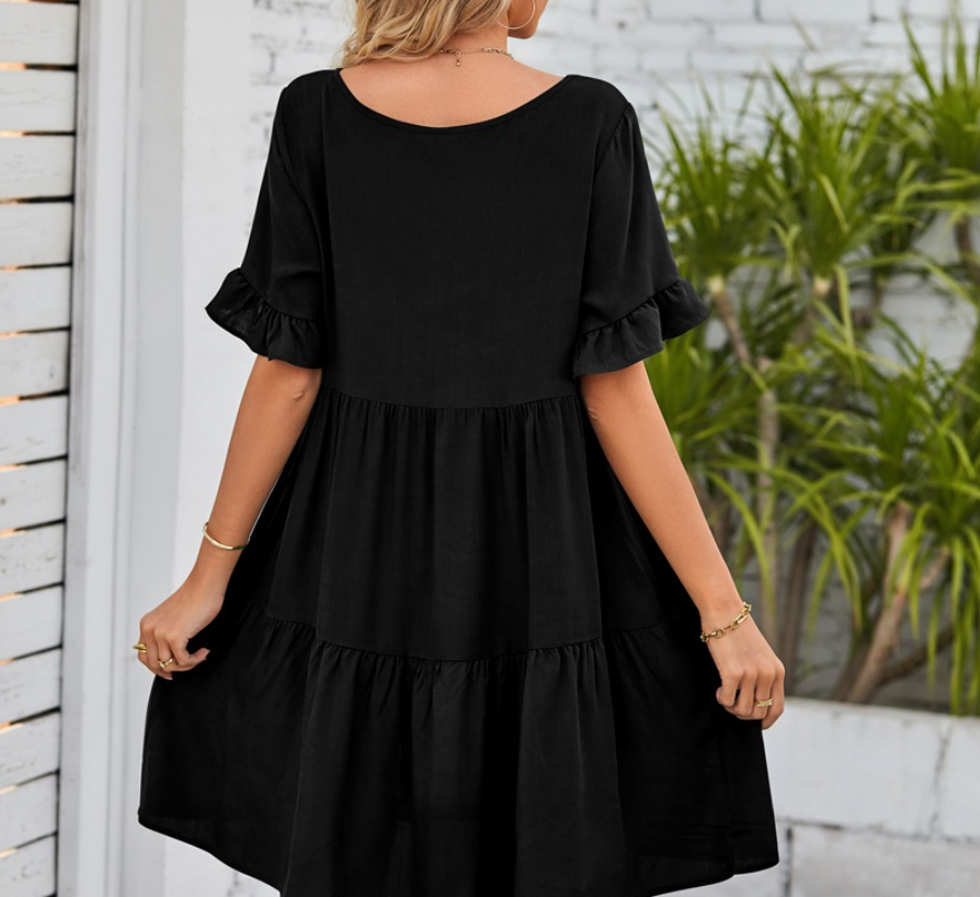 V Neck Tiered Ruffle Casual Dress