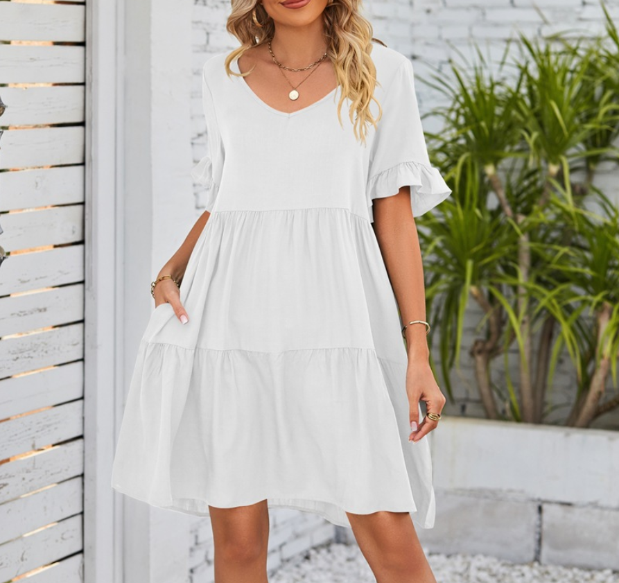 V Neck Tiered Ruffle Casual Dress