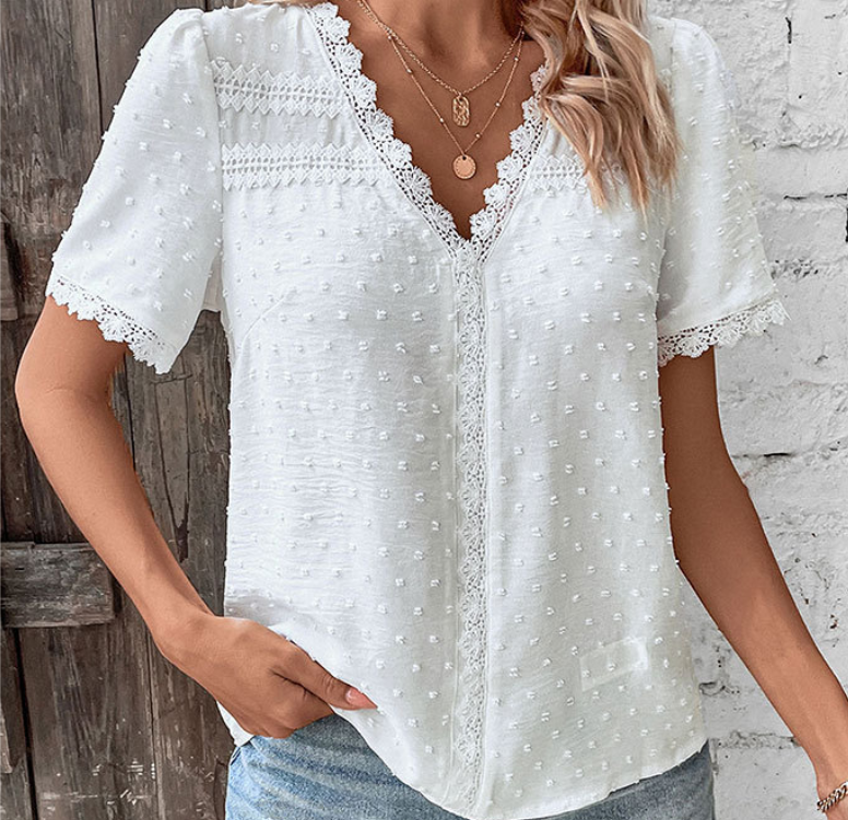 Lace Trim V Neck Solid Color Shirt
