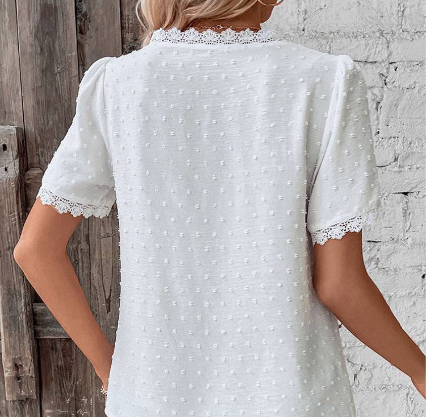 Lace Trim V Neck Solid Color Shirt