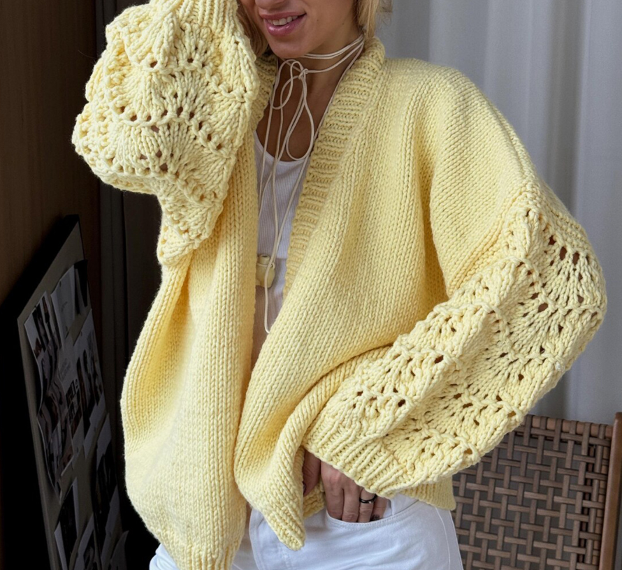 Solid V-Neck Lantern Sleeve Knit Cardigan