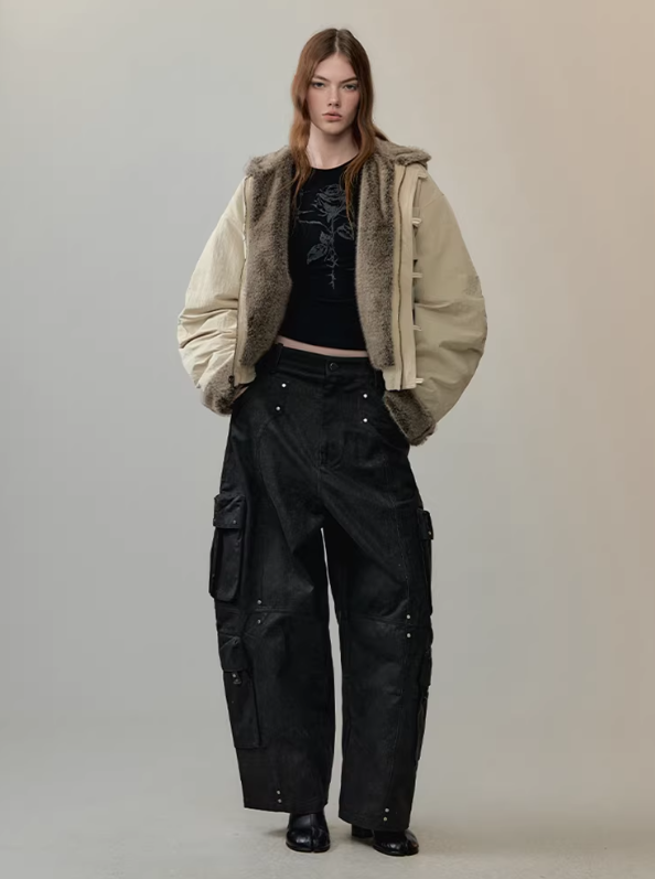 Reversible Hooded Utility Faux-Fur Jacket