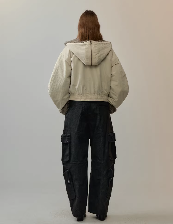 Reversible Hooded Utility Faux-Fur Jacket