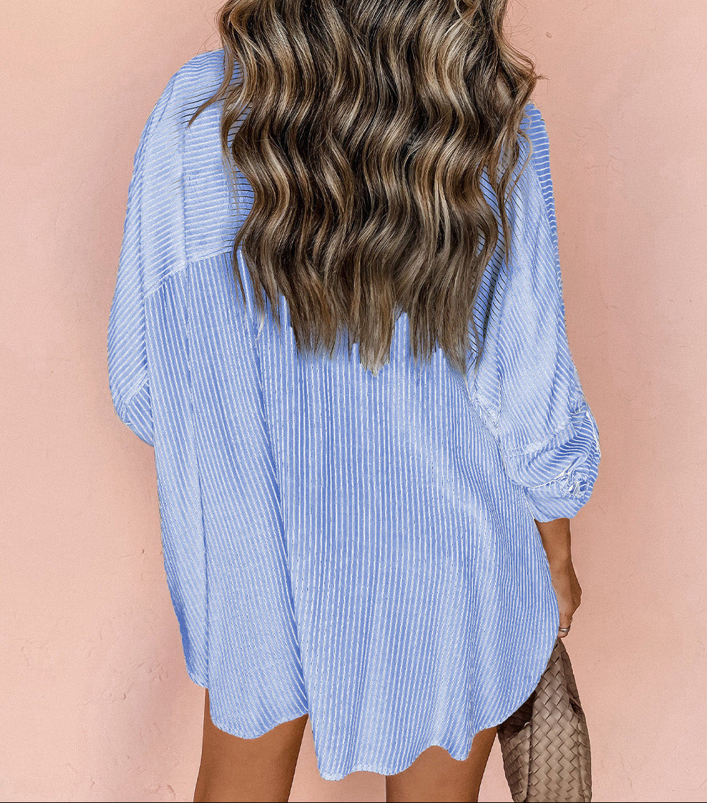 Sky Blue Stripe Roll-tab Sleeve Pocketed Long Shirt