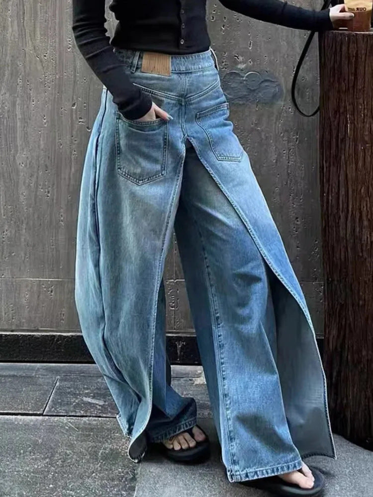 Reversible Wide-Leg Denim Pants | Patchwork Straight-Leg Punk Jeans