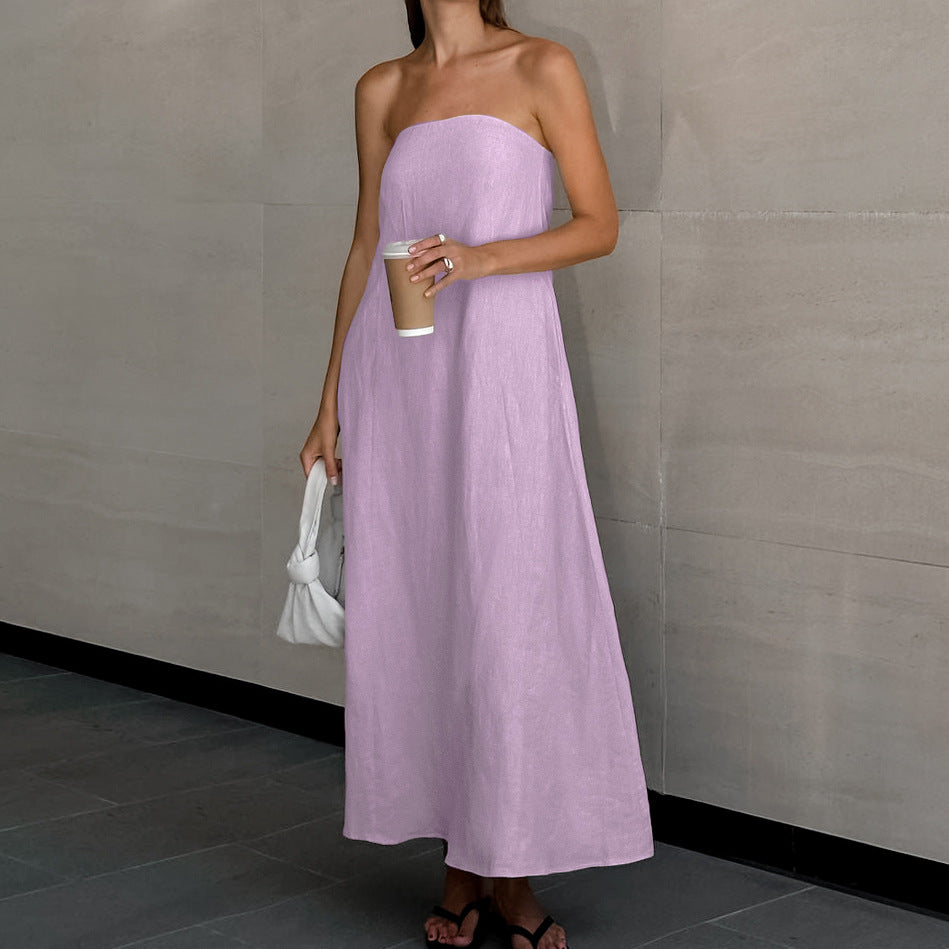 French Khaki Strapless Backless Maxi Dress | Cotton Linen Resort Dress