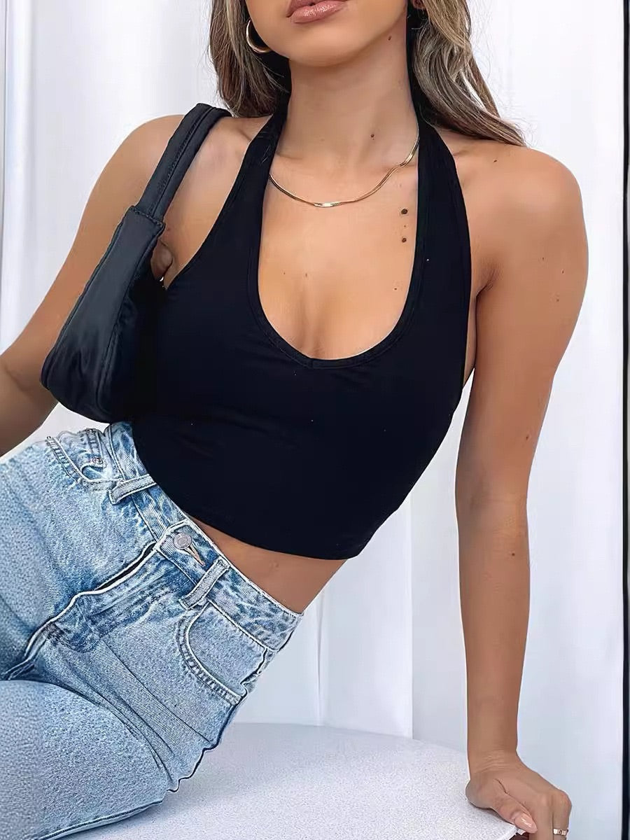 Sexy Backless Halter Crop Top | Deep V-Neck Slim Fit Tank
