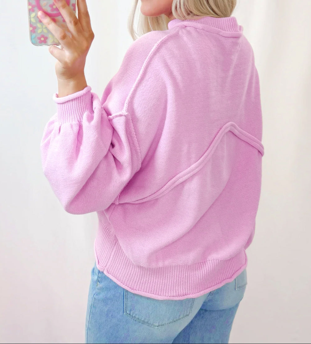 Pink Raw Edge Ribbed Detail Drop Shoulder Sweater