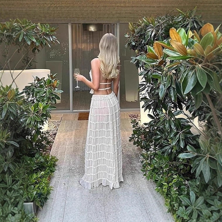 Elegant Chiffon Halter Two-Piece Skirt Set | Flowing Ruffle Vacation Outfit