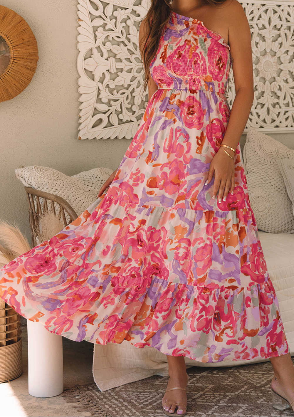 Pink Abstract Floral Print Shirred One Shoulder Maxi Dress