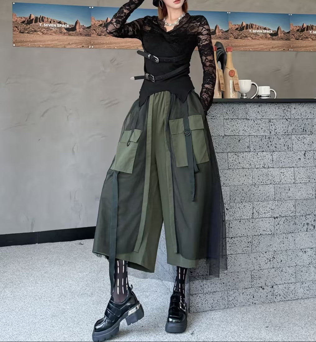 Mesh Patchwork Wide-Leg Cargo Cropped Pants | Casual Utility Summer Trousers