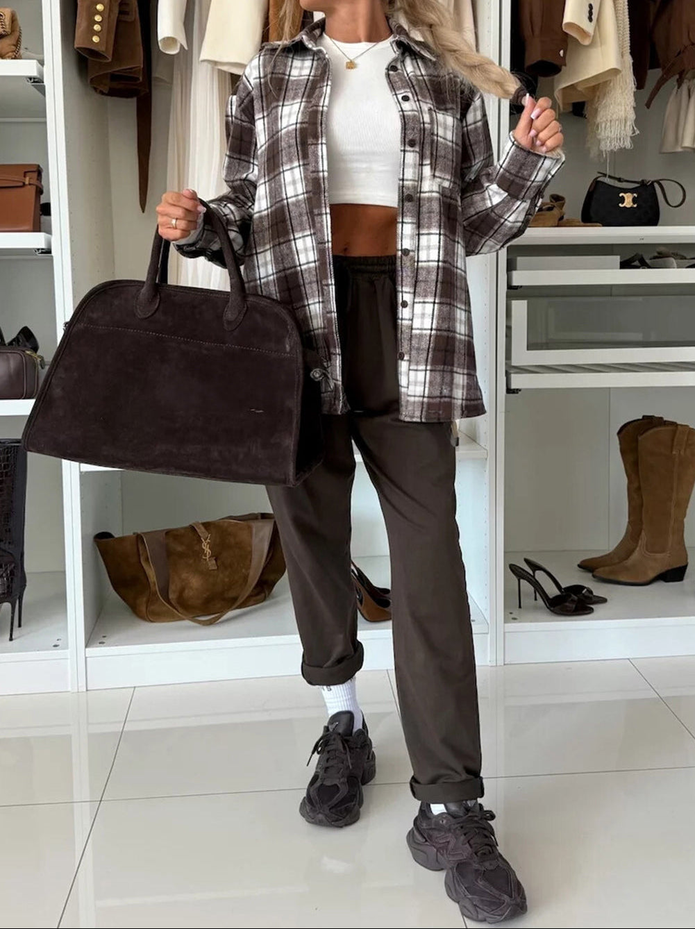 Dark Brown Flanel Plaid Single Chest Pocket Boyfriend Shacket