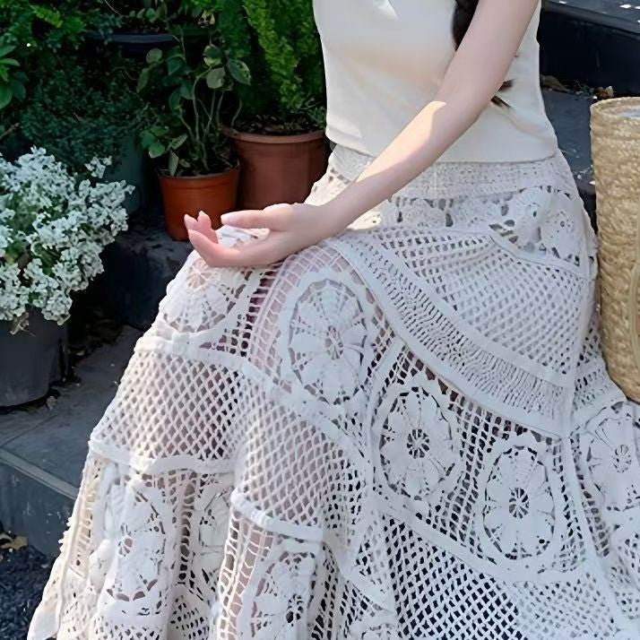 Lace Crochet Hollow A-Line Skirt | Gentle Cotton Boutique Skirt