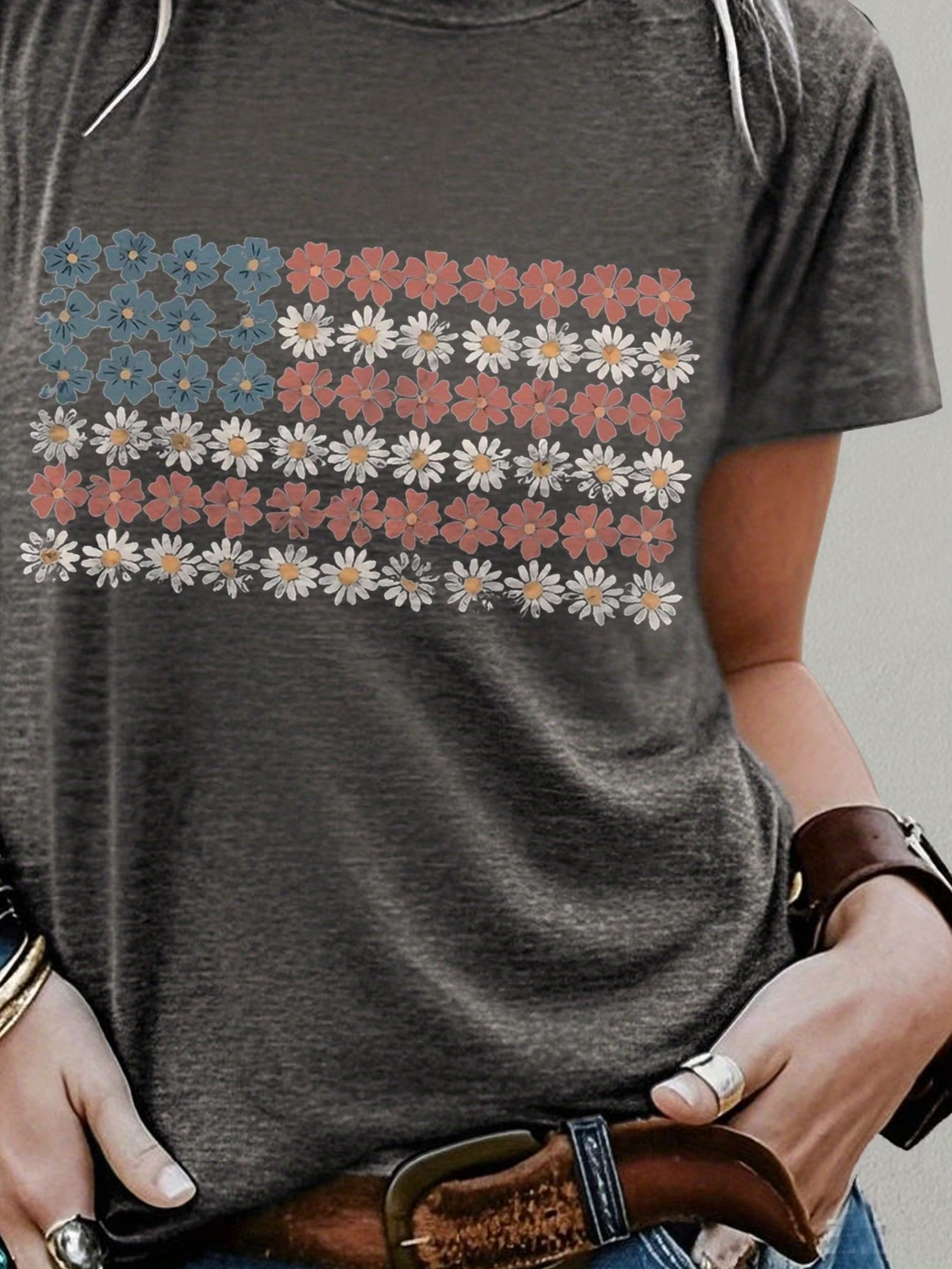 Women's Short Sleeve T-shirt Summer Gray America Flag Printing Jersey Crew Neck Daily Going Out Casual Top